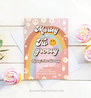Editable Two Groovy Birthday Party Invitation 2nd Birthday Peace Love Party Flower Power 70s Hippie Printable Template Corjl Digital 0432