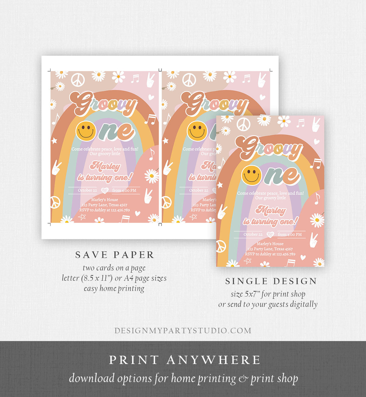 Editable Groovy One Retro 1st Birthday Invitation Peace Love Party Floral 70s Flower Power Festival Download Template Corjl Digital 0432