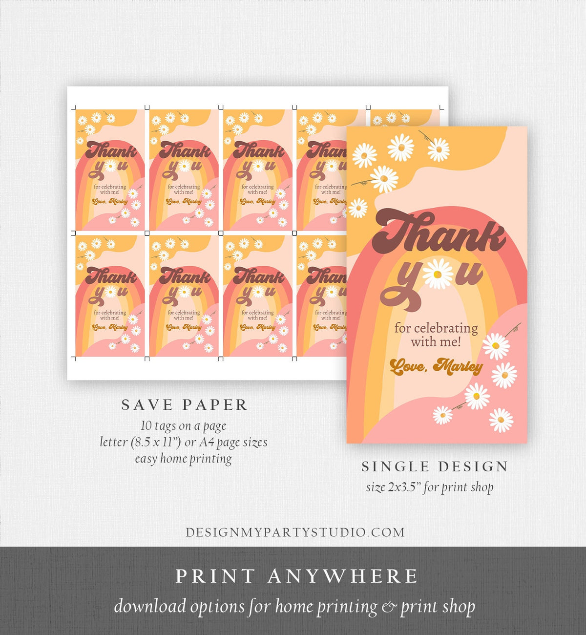 Editable Retro Daisy Favor Tags 1st 2nd Groovy Birthday Thank you Tags Festival Gift tags 70s Floral Hippie Template Corjl PRINTABLE 0428