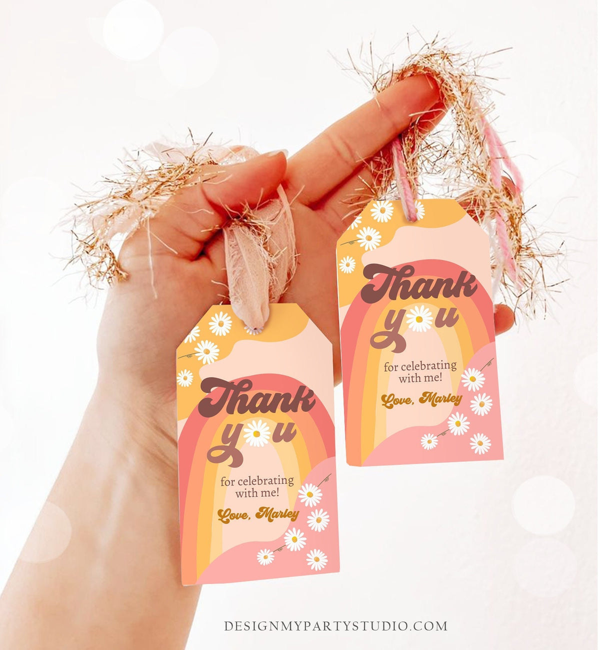 Editable Retro Daisy Favor Tags 1st 2nd Groovy Birthday Thank you Tags Festival Gift tags 70s Floral Hippie Template Corjl PRINTABLE 0428