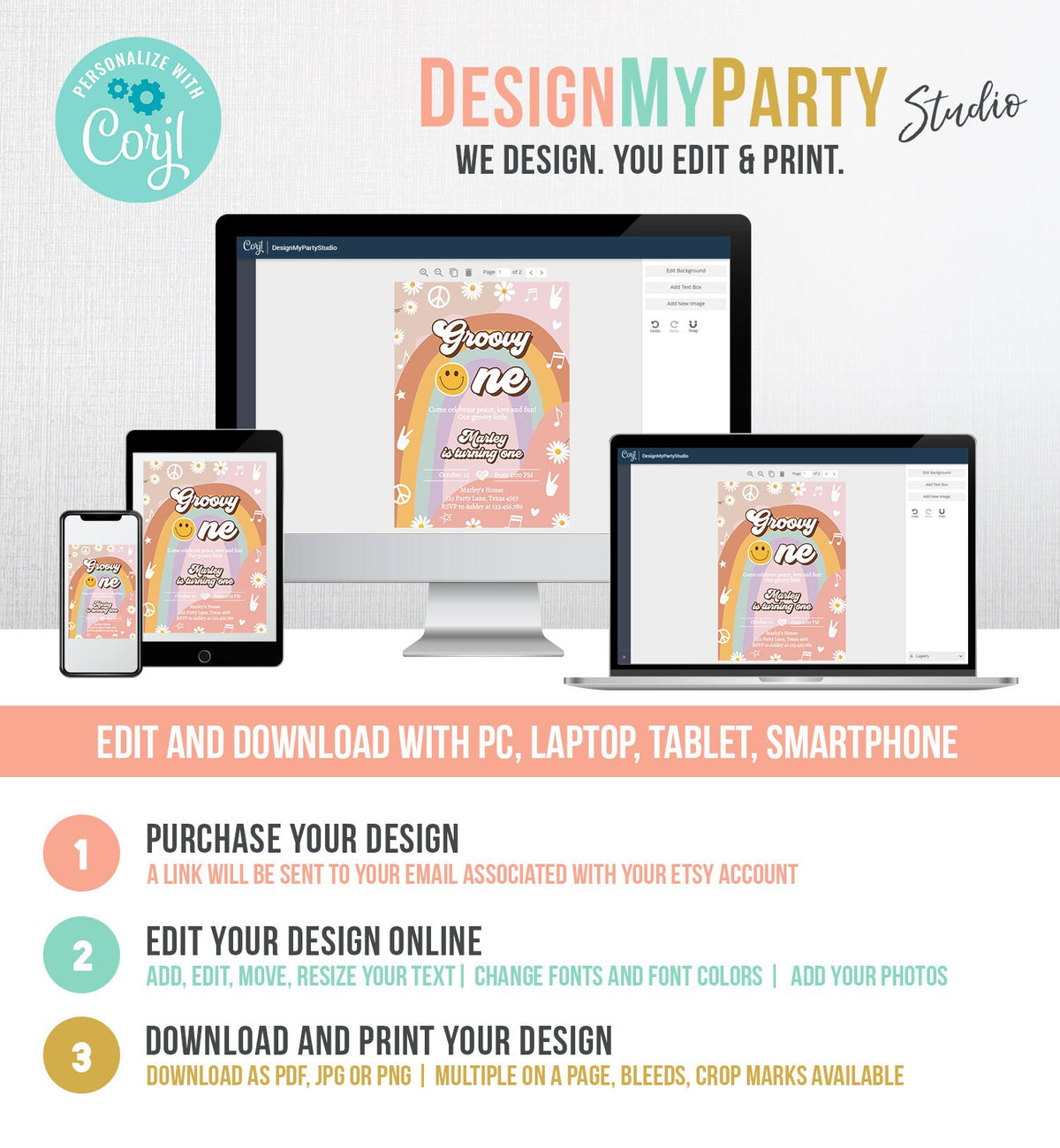 Editable Groovy One Retro 1st Birthday Invitation Peace Love Party Floral 70s Flower Power Festival Download Template Corjl Digital 0432