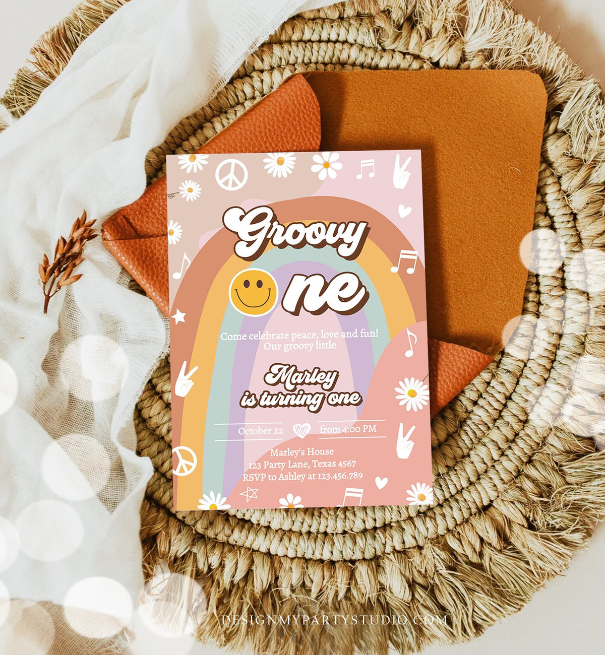 Editable Groovy One Retro 1st Birthday Invitation Peace Love Party Floral 70s Flower Power Festival Download Template Corjl Digital 0432