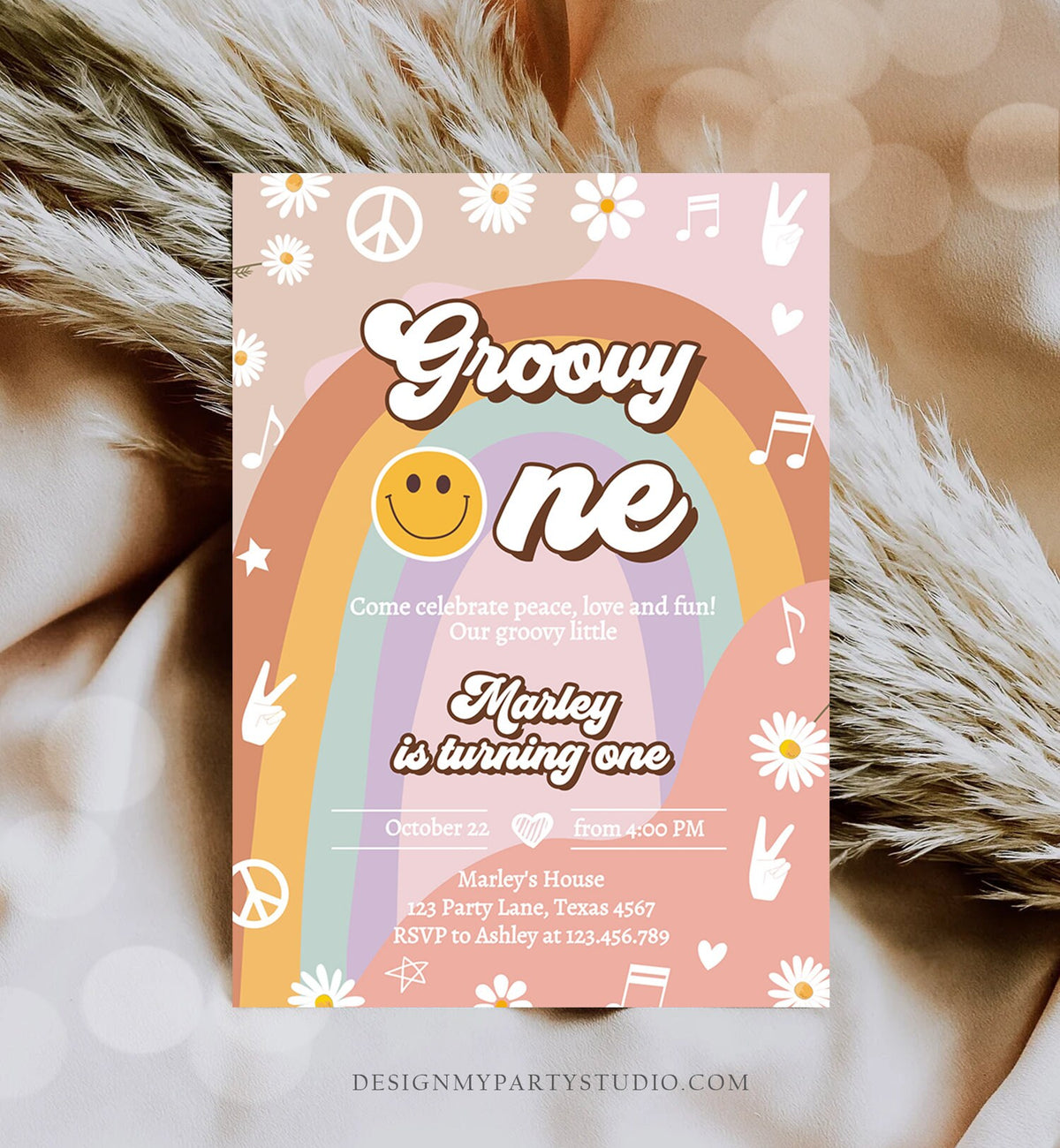 Editable Groovy One Retro 1st Birthday Invitation Peace Love Party Floral 70s Flower Power Festival Download Template Corjl Digital 0432
