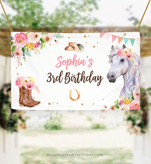 Editable Horse Birthday Backdrop Saddle Up Watercolor Cowgirl Party Girl Pony Birthday Decor Horse Party Sign Corjl Template Printable 0408