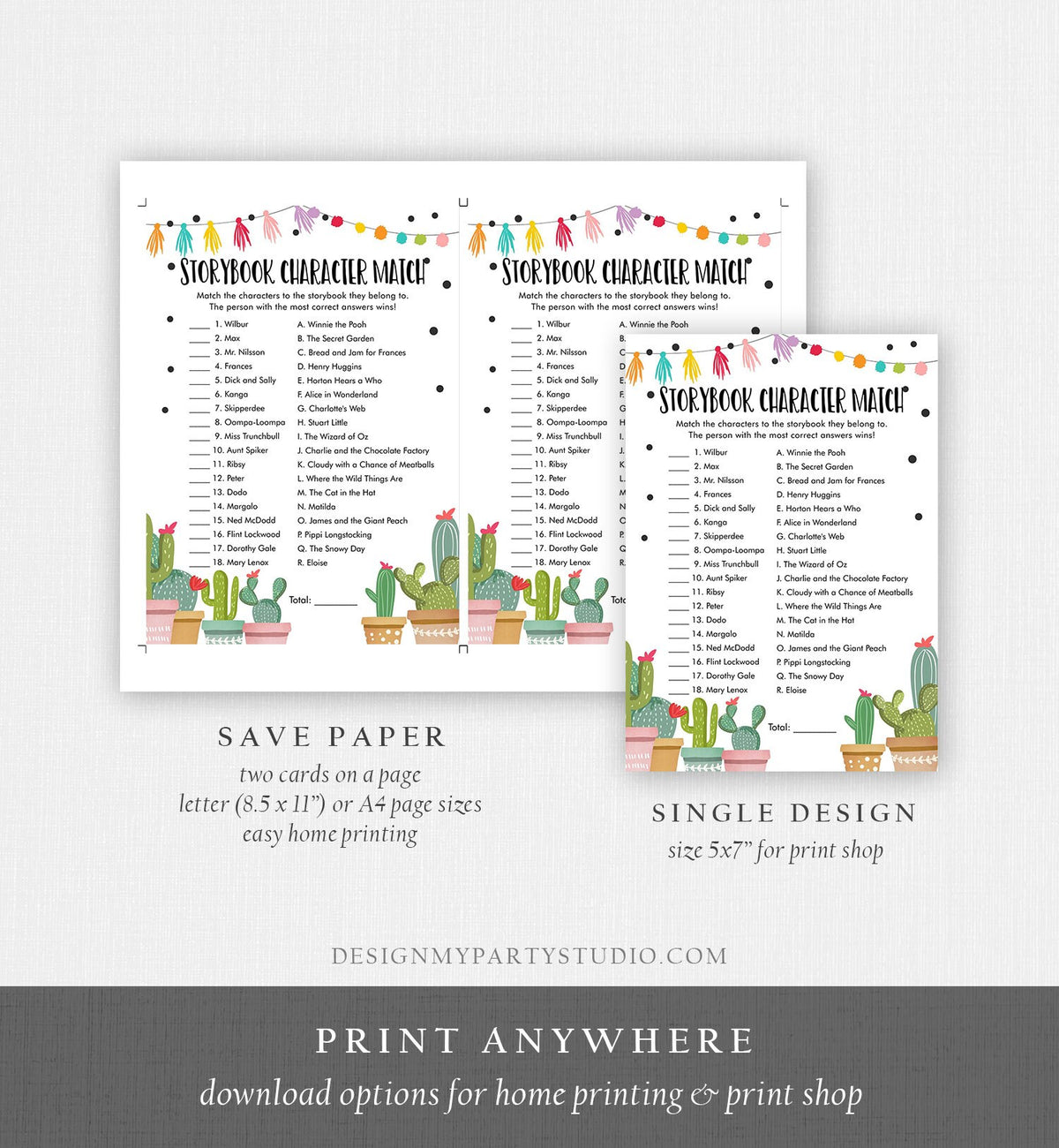 Editable Storybook Character Match Baby Shower Game Rustic Fiesta Baby Shower Cactus Mexican Succulent Corjl Template Printable 0254