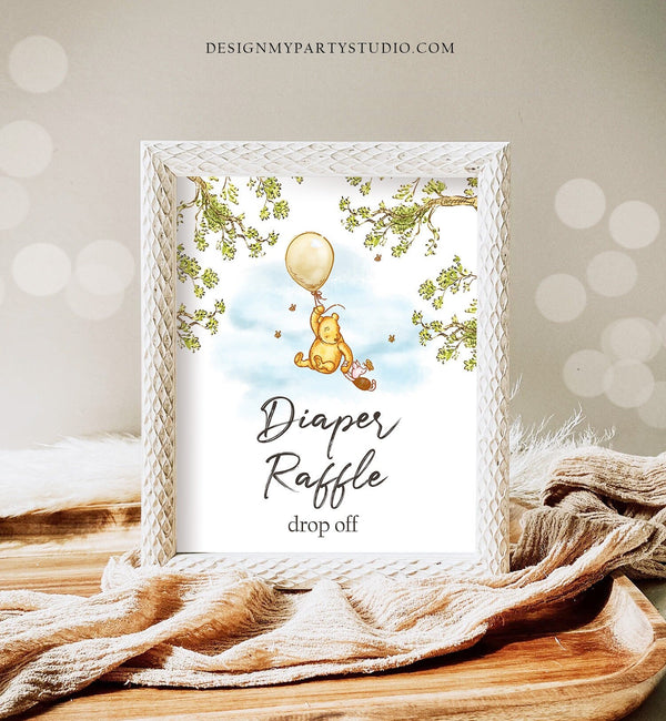 Diaper Raffle Drop Off Sign Classic Winnie The Pooh Baby Shower Table ...