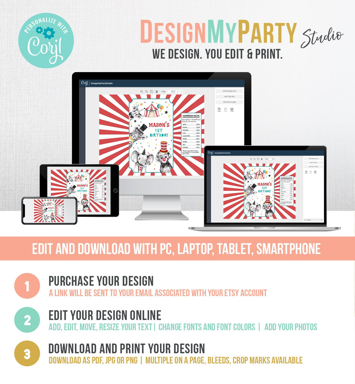 Editable Circus Chip Bag Carnival Party Decor Boy Circus Birthday Party Snack Favors Potatoes Come One Printable Digital Corjl Template 0355