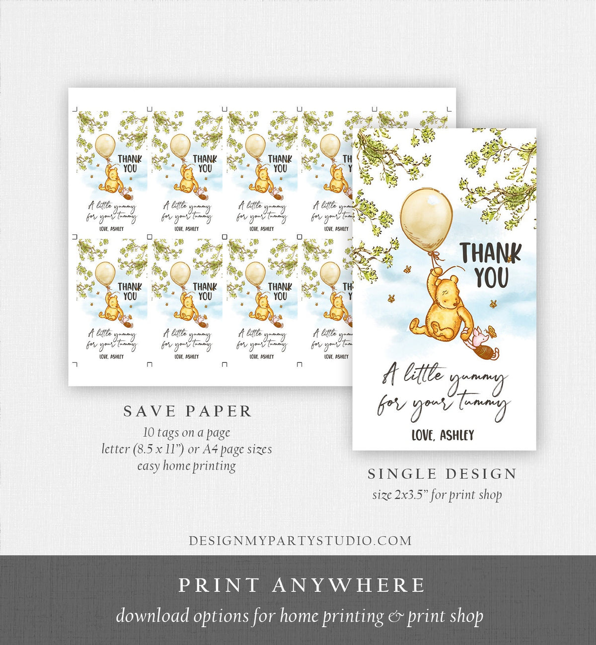 Editable Winnie The Pooh Favor Tags Pooh Baby Shower Thank you Tags Birthday Yummy for Your Tummy Printable Download Corjl Template 0425