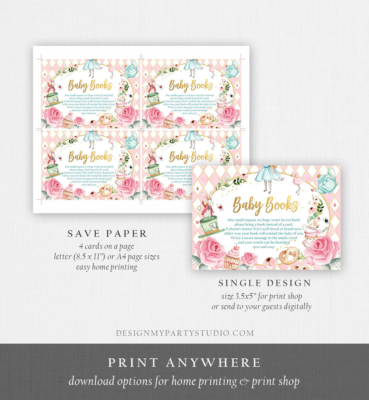 Editable Bring a Book Card Alice in Wonderland Baby Shower Mad Hatter Tea Party Books for Baby Book Request Corjl Template Printable 0350