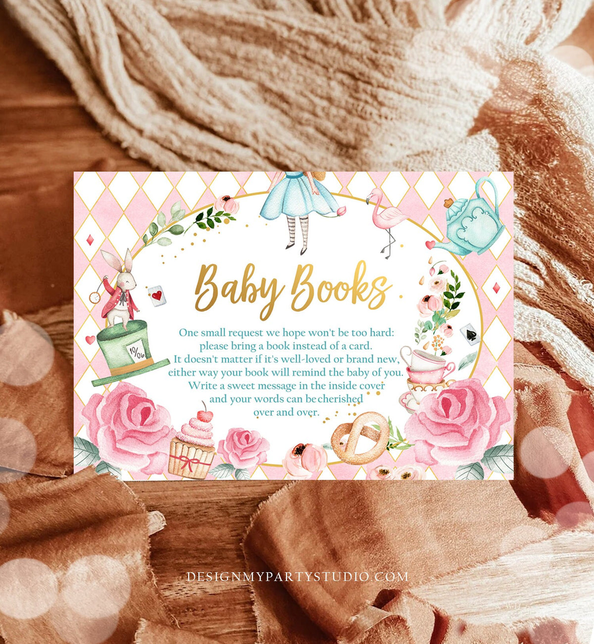 Editable Bring a Book Card Alice in Wonderland Baby Shower Mad Hatter Tea Party Books for Baby Book Request Corjl Template Printable 0350