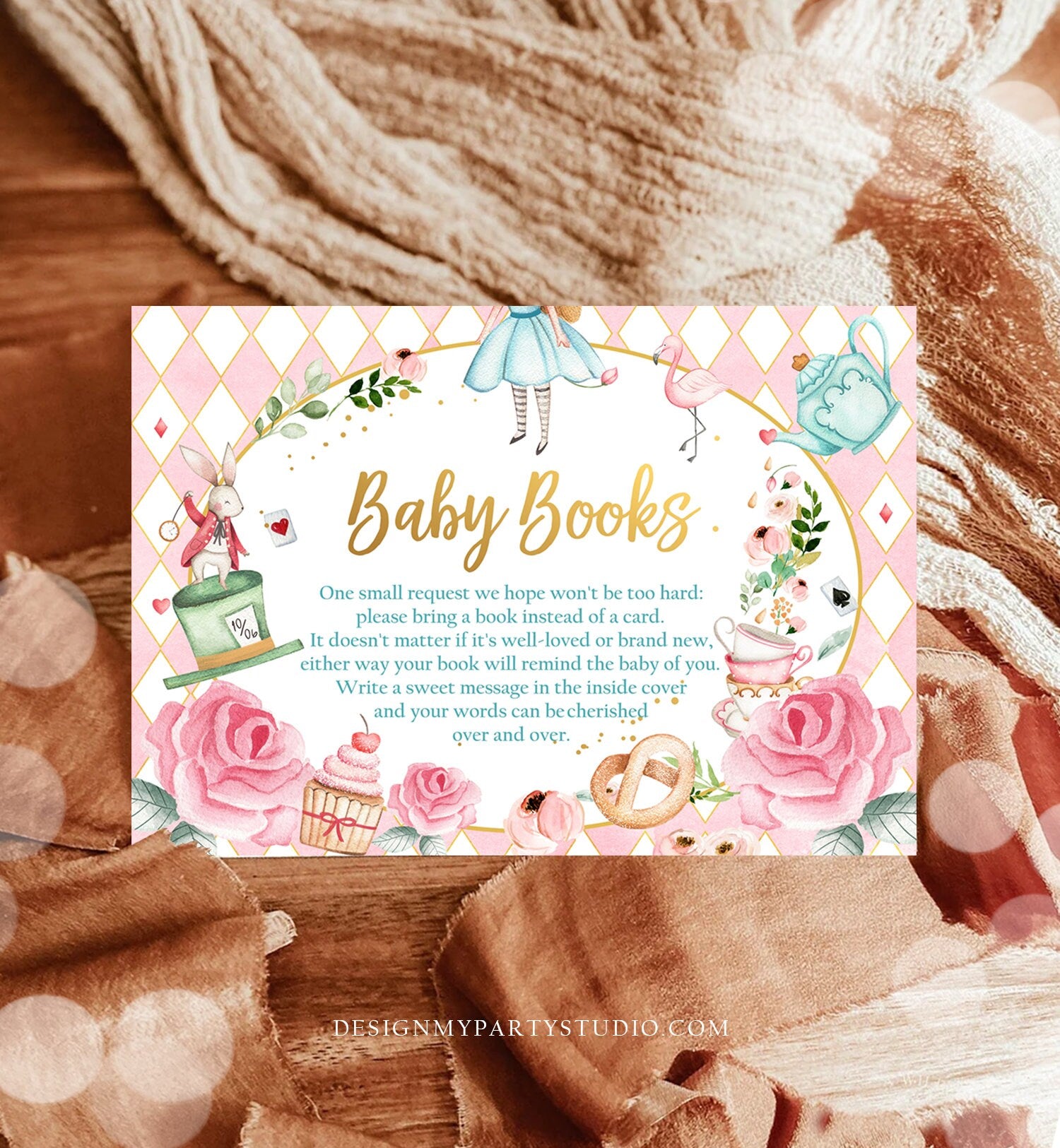 Editable Bring a Book Card Alice in Wonderland Baby Shower Mad Hatter Tea Party Books for Baby Book Request Corjl Template Printable 0350