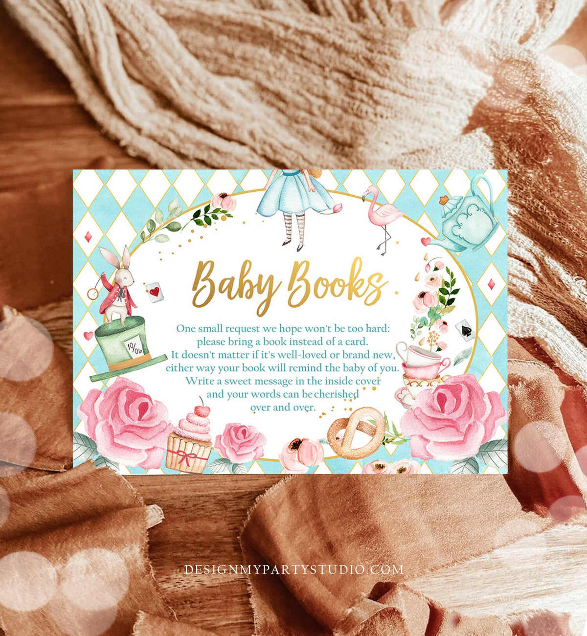 Editable Bring a Book Card Alice in Wonderland Baby Shower Mad Hatter Tea Party Books for Baby Book Request Corjl Template Printable 0350