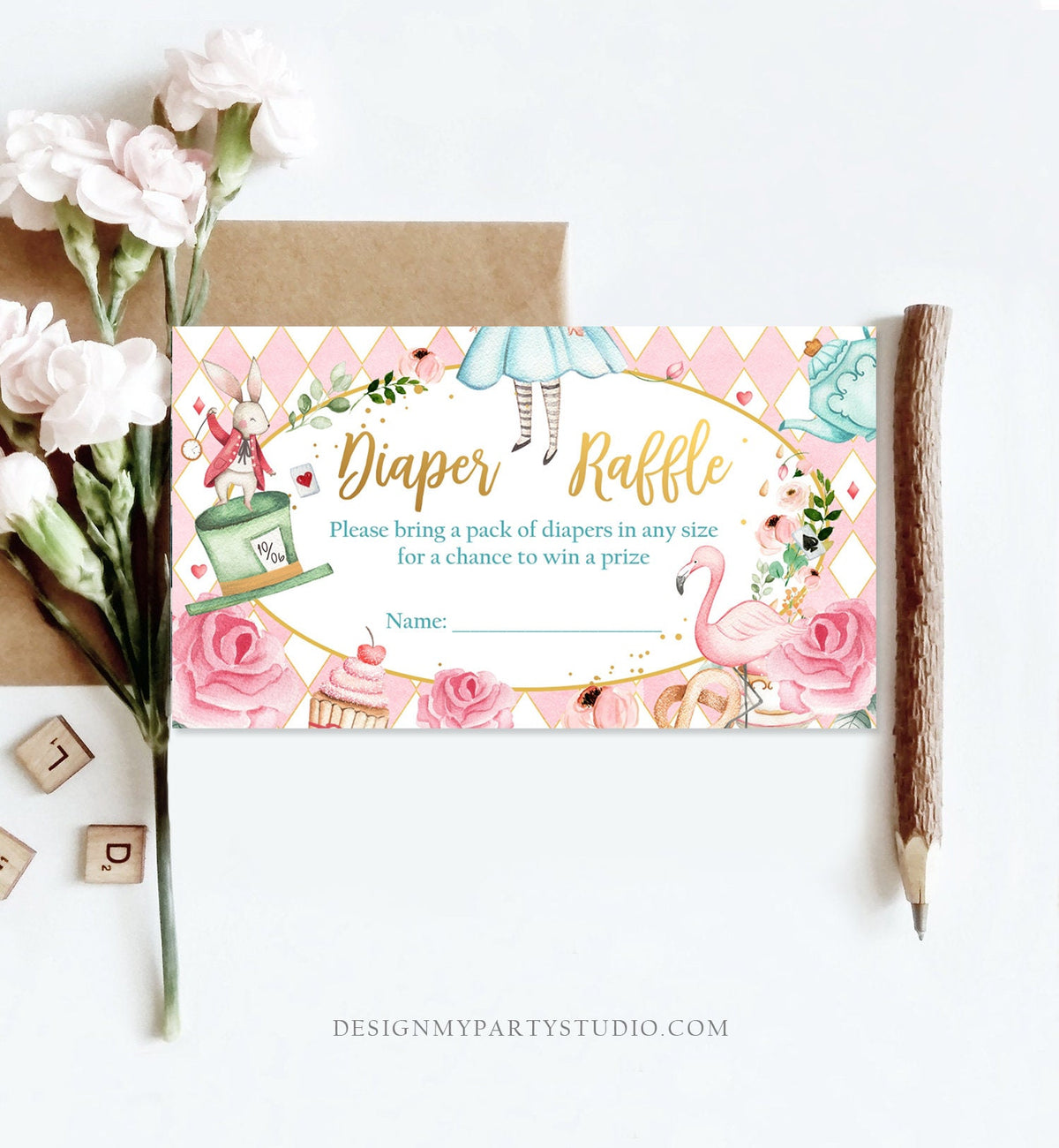 Editable Diaper Raffle Ticket Diaper Game Card Alice in Wonderland Baby Shower Insert Alice Shower Download Template Corjl PRINTABLE 0350