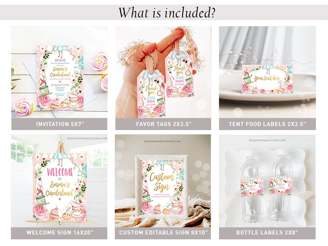 Alice in Onederland Birthday Invitation Bundle Alice in Wonderland Party Birthday Pink Girl Package 1st First Printable Corjl Template 0350