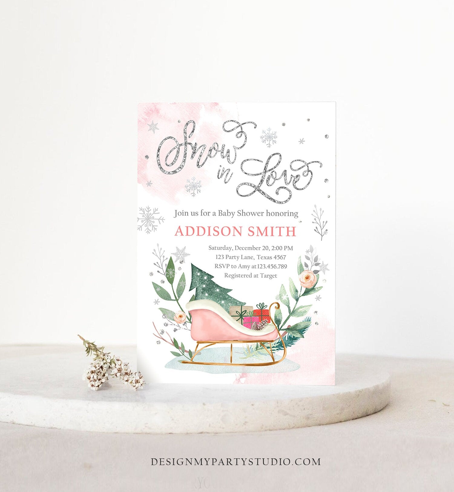 Editable Snow in Love Winter Baby Shower Invitation Baby It's Cold Outside Gender Neutral Pink Silver Template Instant Download Corjl 0353