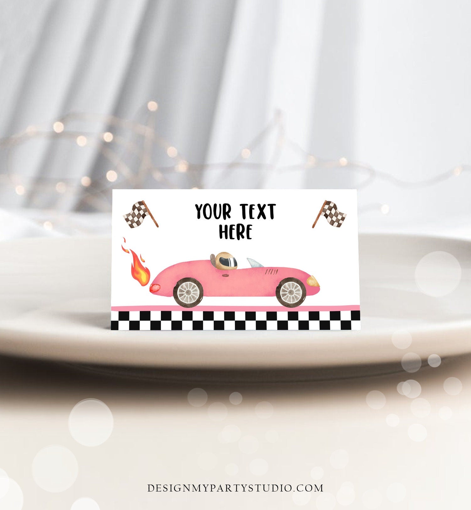 Editable Food Labels Pink Race Car Girl Birthday Racing Food Labels Place Card Tent Card Two Fast 2 Curious 2nd Template Corjl 0424
