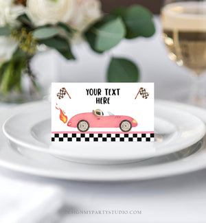Editable Food Labels Pink Race Car Girl Birthday Racing Food Labels Place Card Tent Card Two Fast 2 Curious 2nd Template Corjl 0424