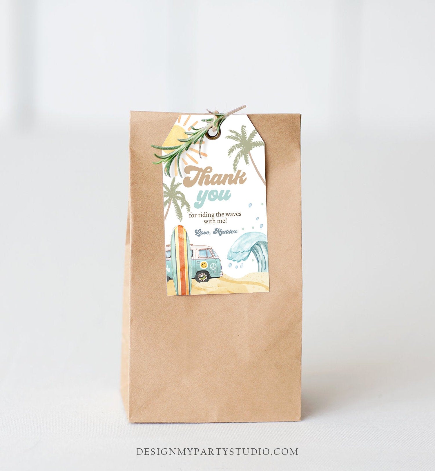 Editable Retro Surf Favor Tags 1st Birthday The Big One Thank you Tags Beach Party Surf Up Van Hippie Wave Template Corjl PRINTABLE 0433