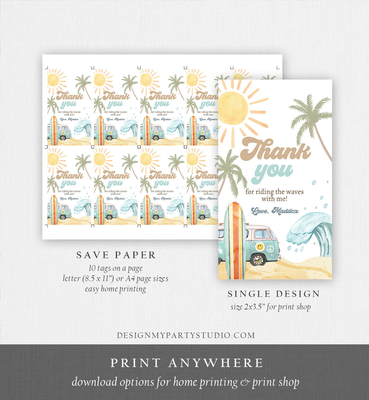 Editable Retro Surf Favor Tags 1st Birthday The Big One Thank you Tags Beach Party Surf Up Van Hippie Wave Template Corjl PRINTABLE 0433