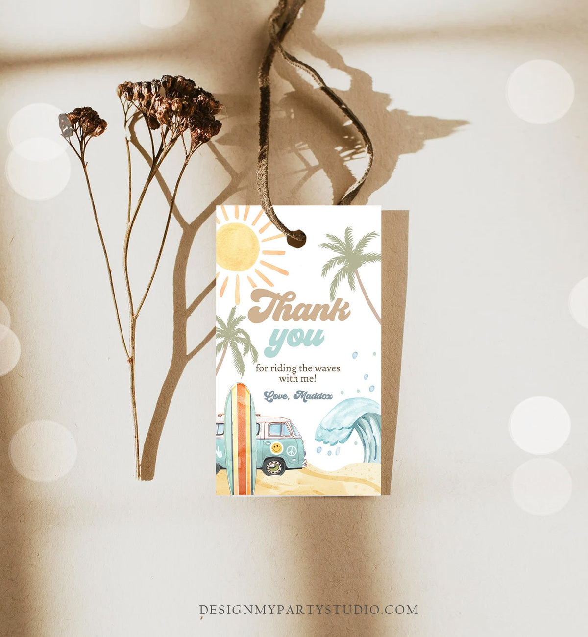 Editable Retro Surf Favor Tags 1st Birthday The Big One Thank you Tags Beach Party Surf Up Van Hippie Wave Template Corjl PRINTABLE 0433