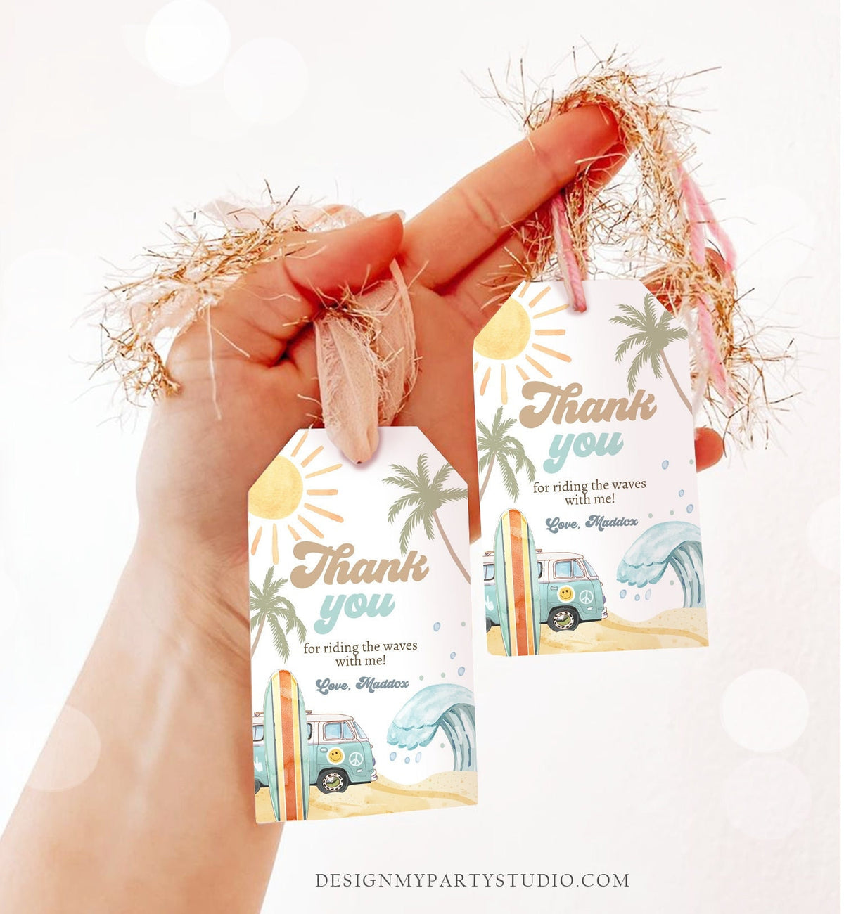 Editable Retro Surf Favor Tags 1st Birthday The Big One Thank you Tags Beach Party Surf Up Van Hippie Wave Template Corjl PRINTABLE 0433