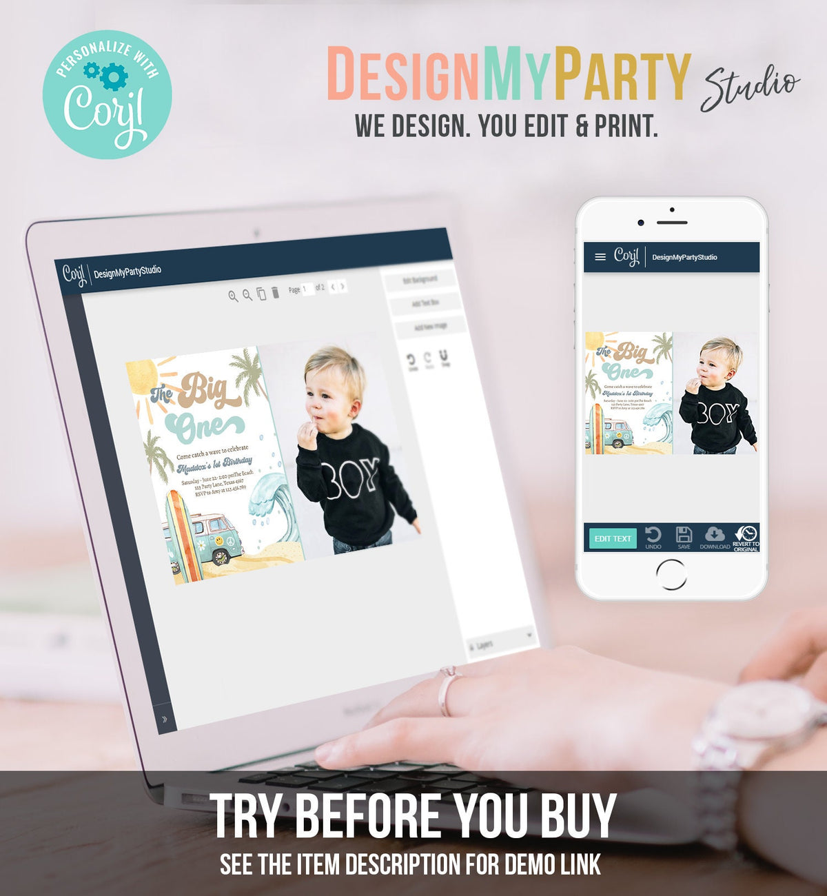 Editable The Big One Surf 1st Birthday Invitation Retro Surfboard Beach Party Wave Surfer Boho Invite Download Template Corjl Digital 0433