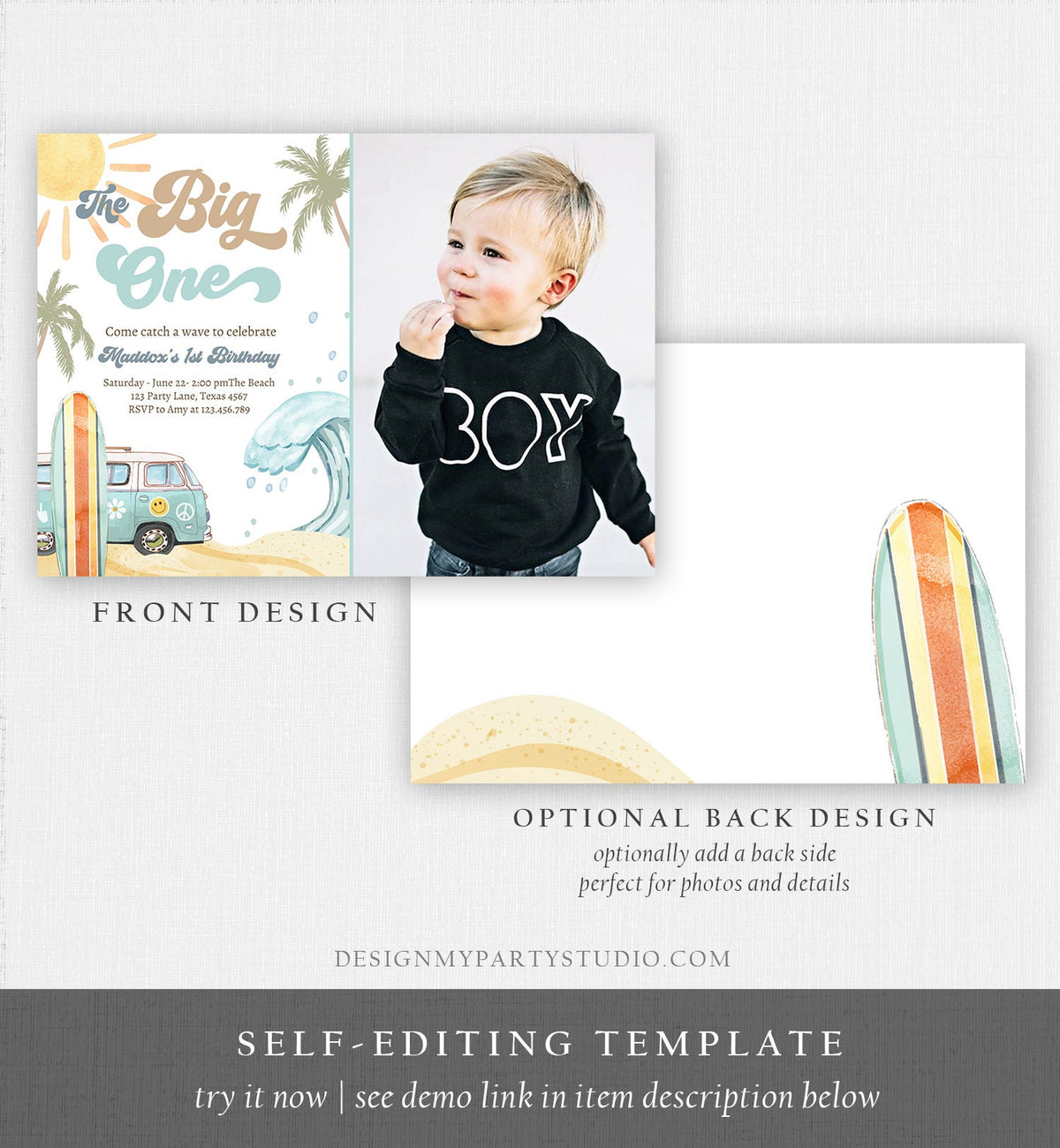 Editable The Big One Surf 1st Birthday Invitation Retro Surfboard Beach Party Wave Surfer Boho Invite Download Template Corjl Digital 0433