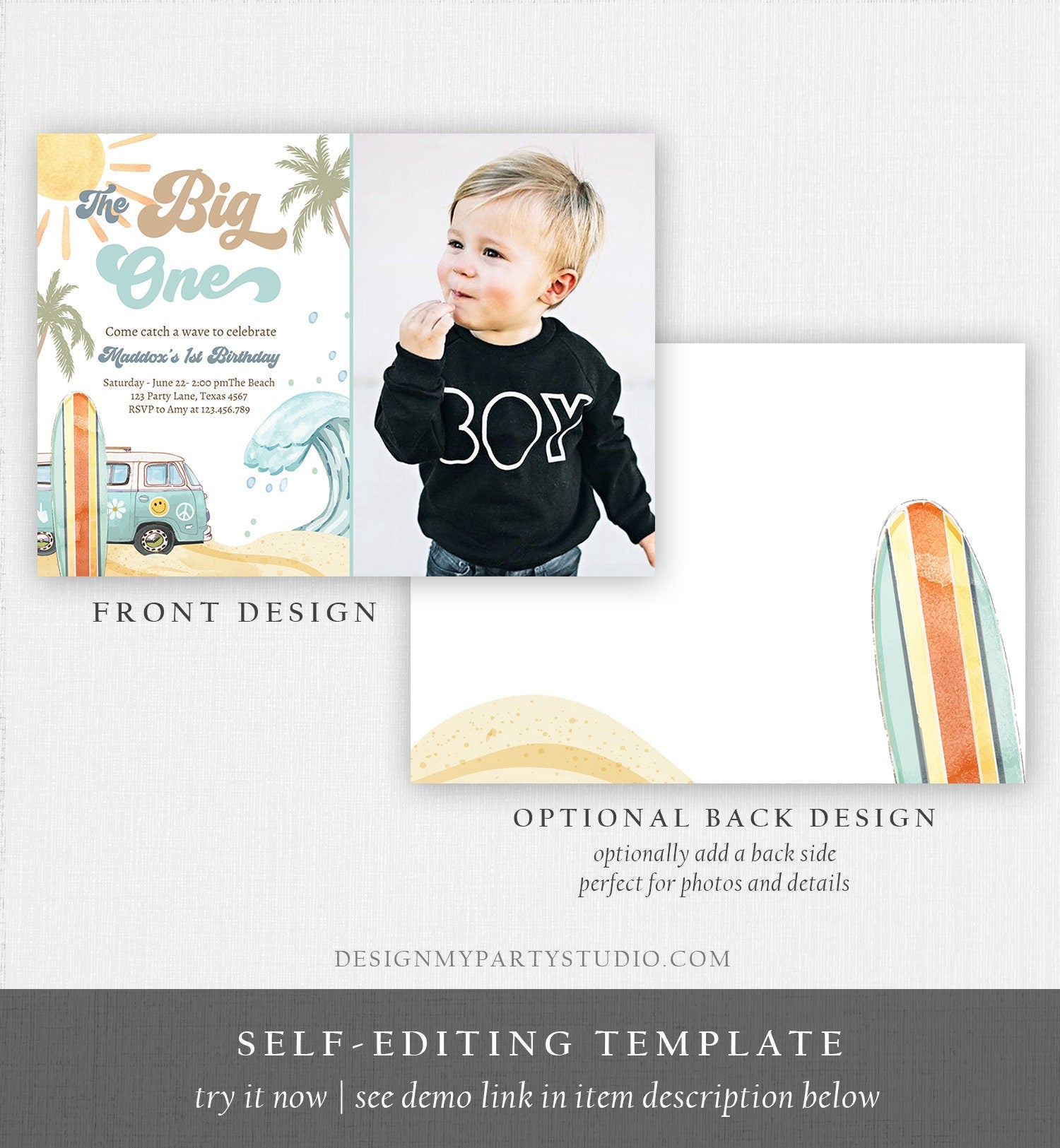 Editable The Big One Surf 1st Birthday Invitation Retro Surfboard Beach Party Wave Surfer Boho Invite Download Template Corjl Digital 0433
