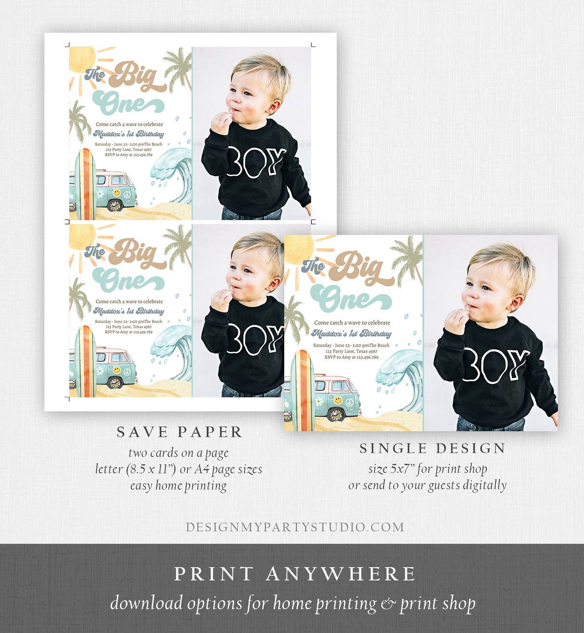 Editable The Big One Surf 1st Birthday Invitation Retro Surfboard Beach Party Wave Surfer Boho Invite Download Template Corjl Digital 0433