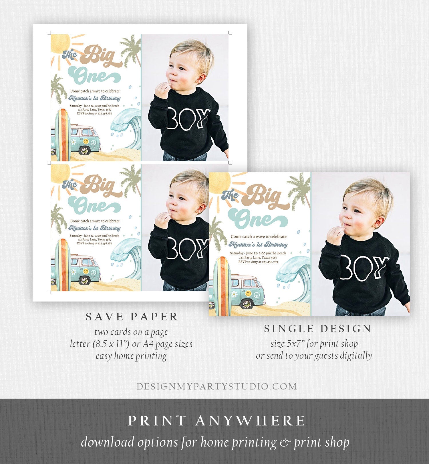 Editable The Big One Surf 1st Birthday Invitation Retro Surfboard Beach Party Wave Surfer Boho Invite Download Template Corjl Digital 0433