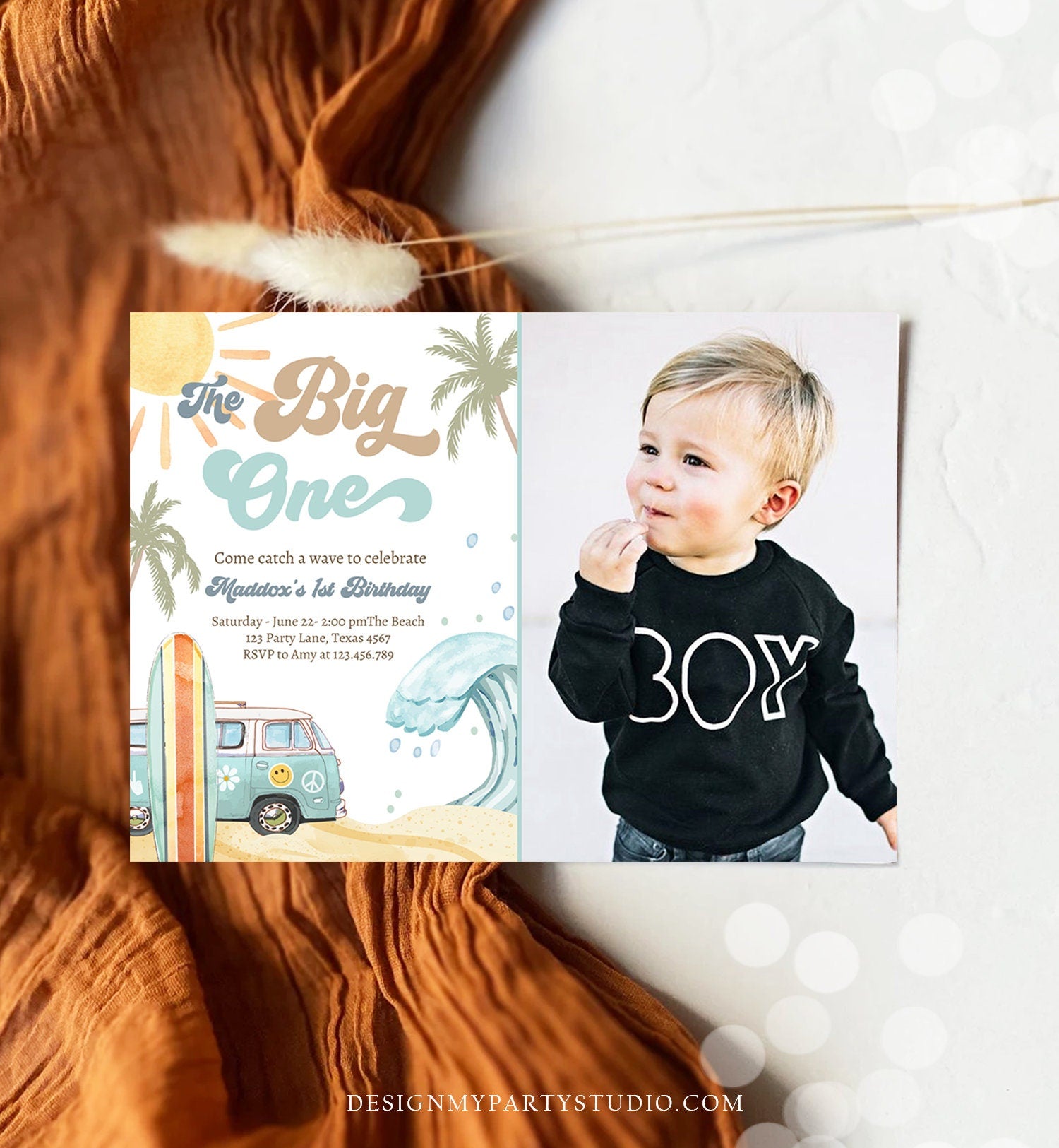 Editable The Big One Surf 1st Birthday Invitation Retro Surfboard Beach Party Wave Surfer Boho Invite Download Template Corjl Digital 0433