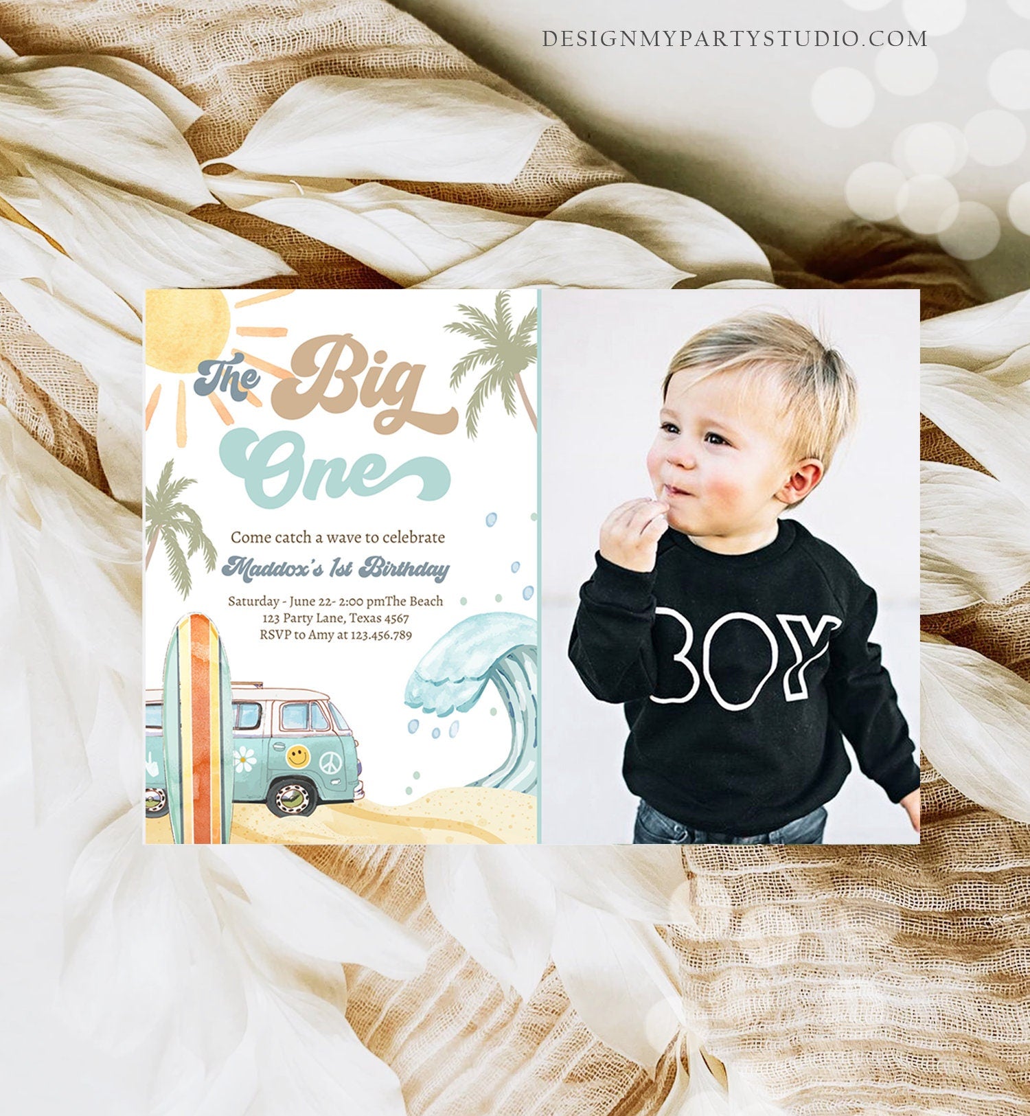 Editable The Big One Surf 1st Birthday Invitation Retro Surfboard Beach Party Wave Surfer Boho Invite Download Template Corjl Digital 0433
