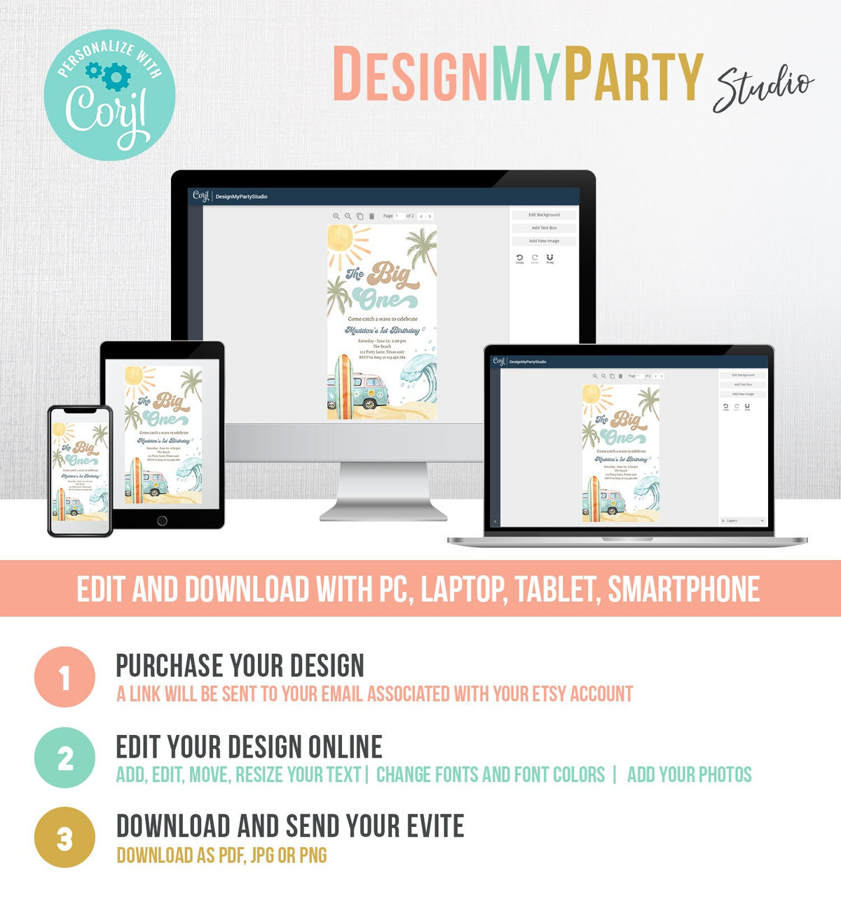 Editable The Big One Surf 1st Birthday Evite Retro Surfboard Beach Party Wave Surfer Boho Invite Phone Download Template Corjl Digital 0433