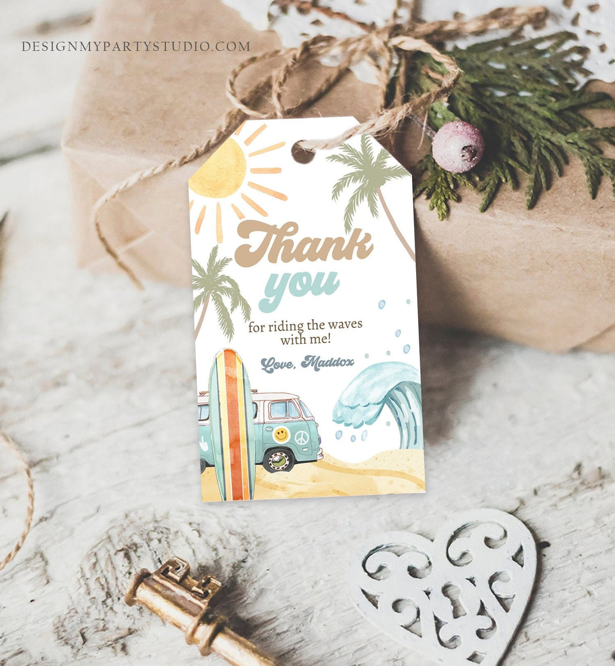 Editable Retro Surf Favor Tags 1st Birthday The Big One Thank you Tags Beach Party Surf Up Van Hippie Wave Template Corjl PRINTABLE 0433