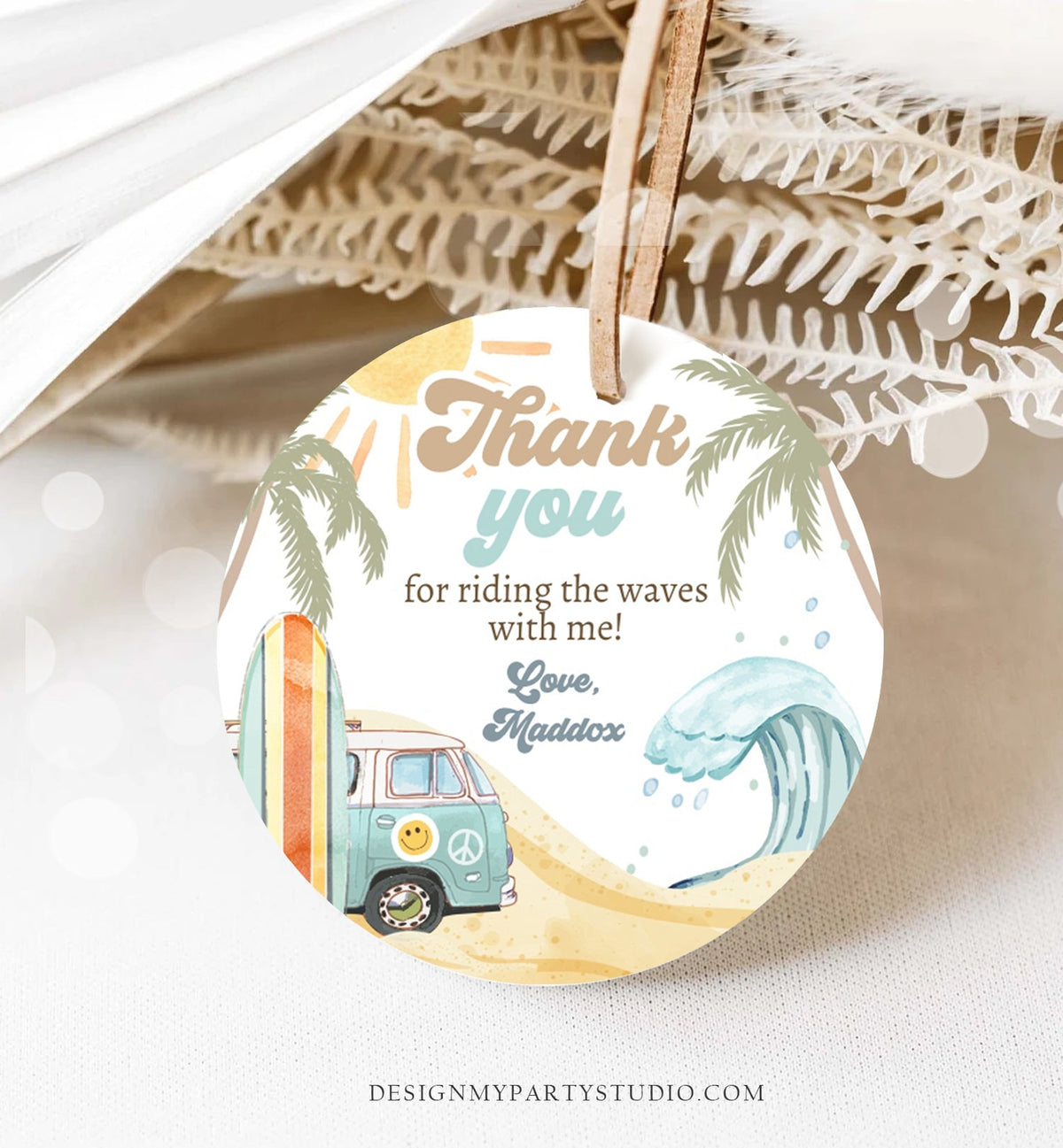 Editable Retro Surf Favor Tags 1st Birthday The Big One Thank you Stickers Beach Party Surf Up Van Hippie Wave Template Corjl PRINTABLE 0433