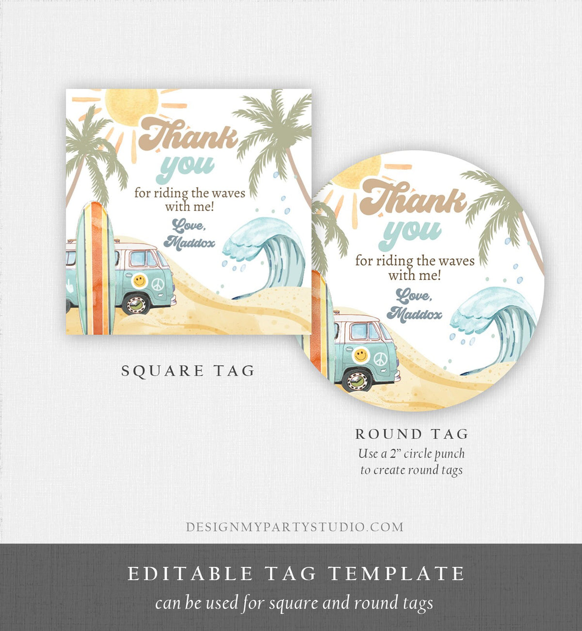 Editable Retro Surf Favor Tags 1st Birthday The Big One Thank you Stickers Beach Party Surf Up Van Hippie Wave Template Corjl PRINTABLE 0433