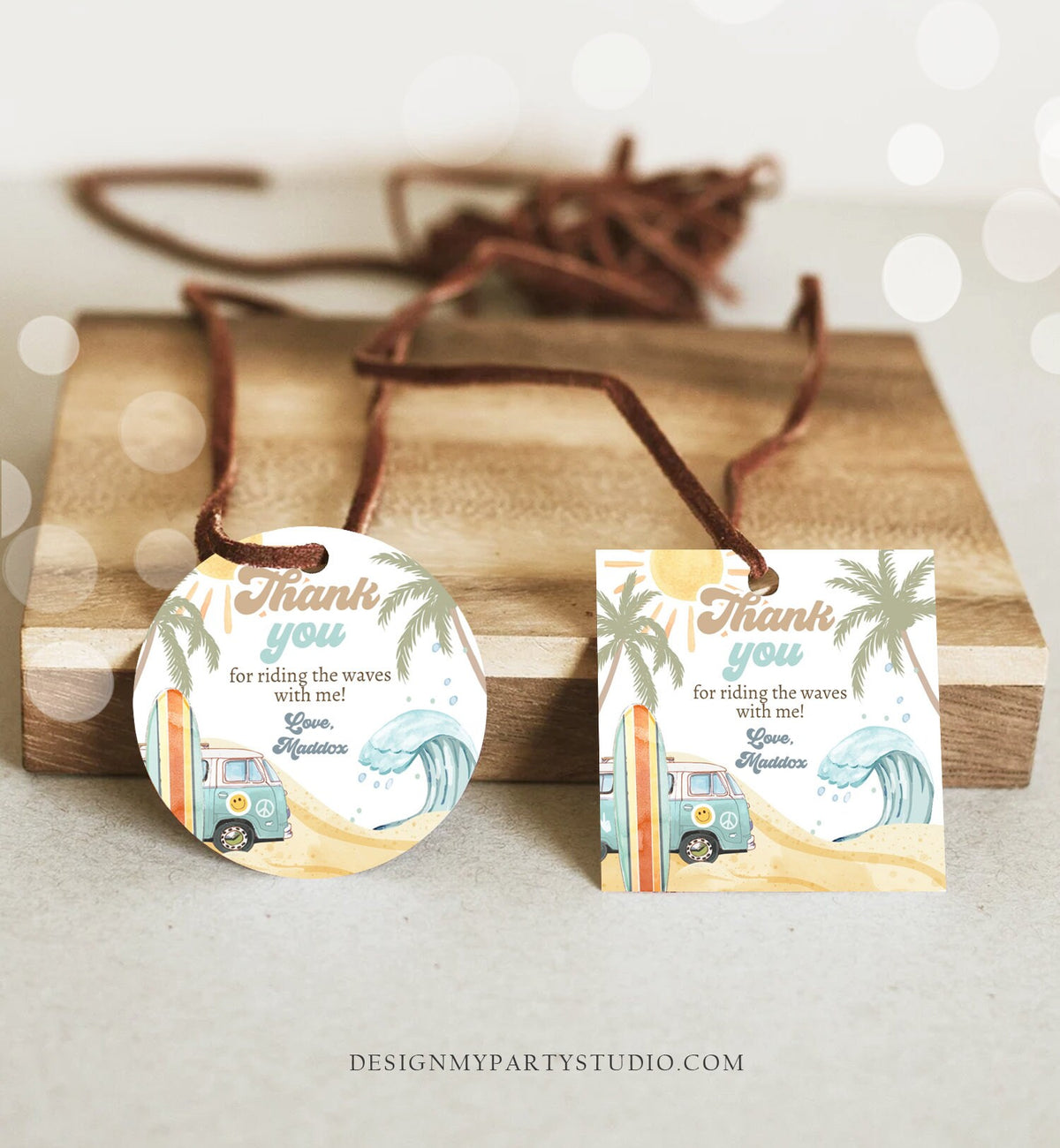 Editable Retro Surf Favor Tags 1st Birthday The Big One Thank you Stickers Beach Party Surf Up Van Hippie Wave Template Corjl PRINTABLE 0433