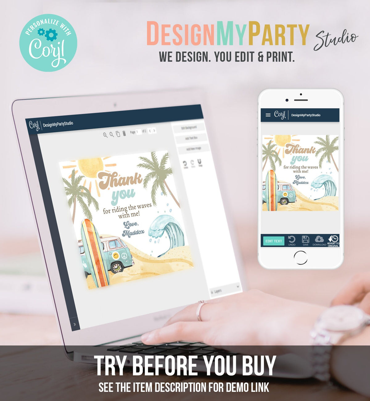 Editable Retro Surf Favor Tags 1st Birthday The Big One Thank you Stickers Beach Party Surf Up Van Hippie Wave Template Corjl PRINTABLE 0433