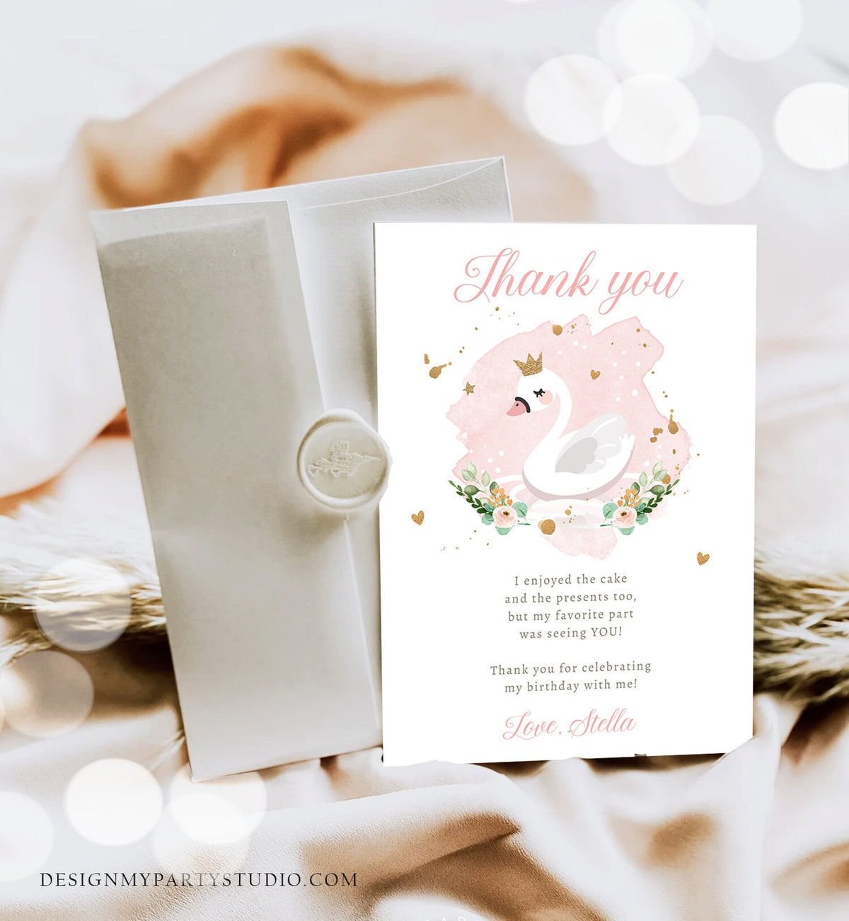 Editable Swan Thank You Card Birthday Party Pink Gold Watercolor Girl Princess 1st 2nd 3rd Baby Shower Digital Corjl Template Printable 0382