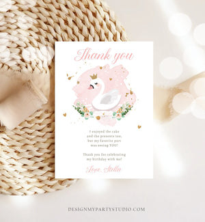 Editable Swan Thank You Card Birthday Party Pink Gold Watercolor Girl Princess 1st 2nd 3rd Baby Shower Digital Corjl Template Printable 0382