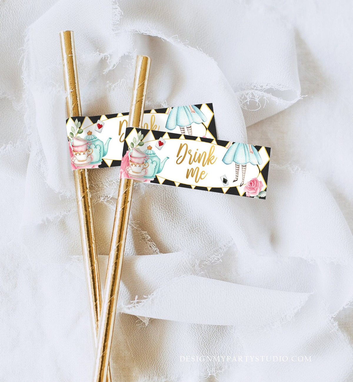 Editable Alice in Wonderland Straw Tag Drink Me Straw Flag Alice in Onederland Mad Tea Party Straw Label Black White Gold Girl Corjl 0350