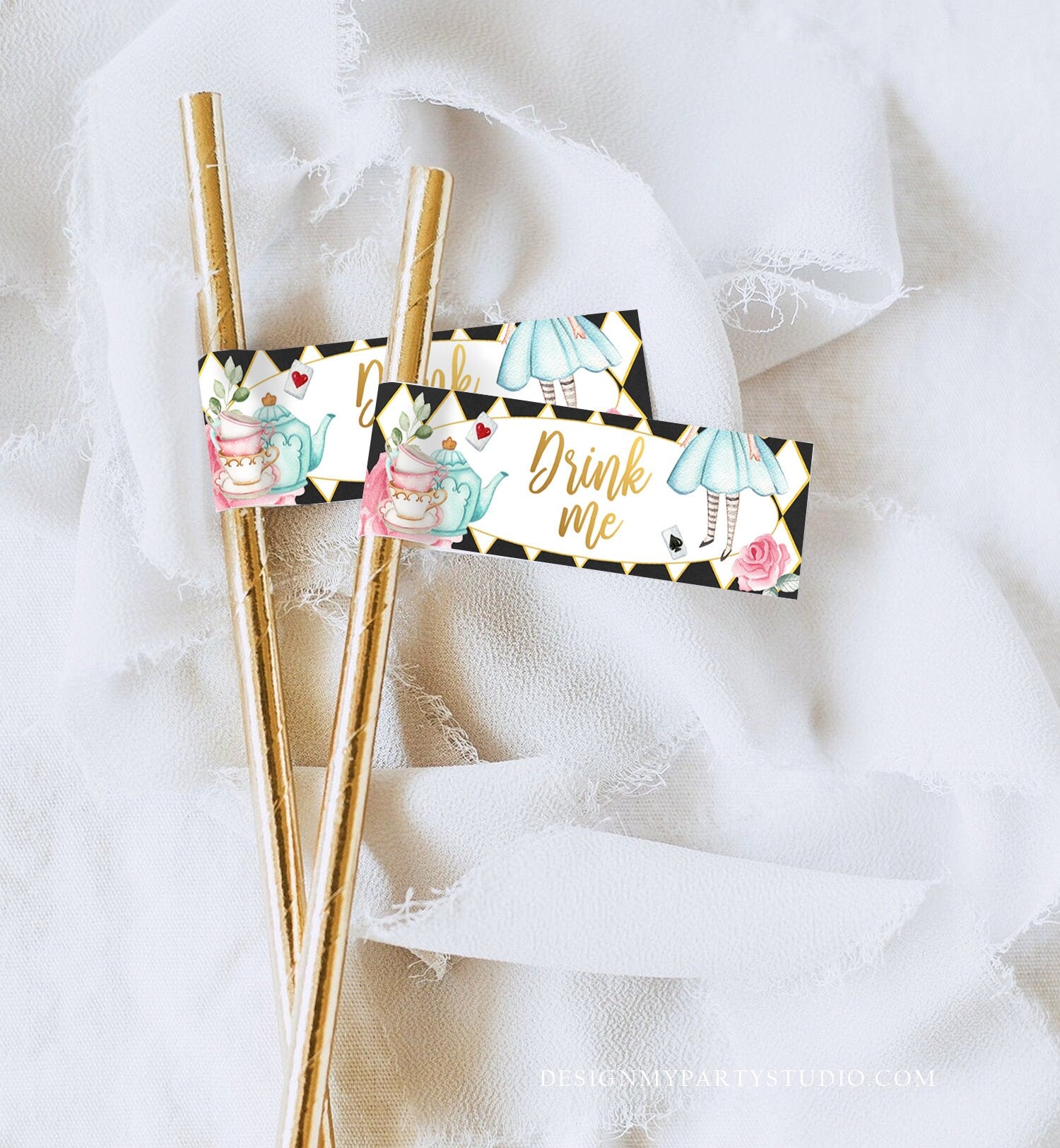Editable Alice in Wonderland Straw Tag Drink Me Straw Flag Alice in Onederland Mad Tea Party Straw Label Black White Gold Girl Corjl 0350