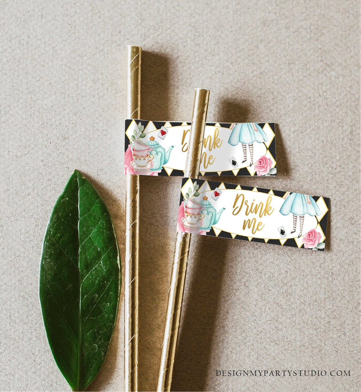 Editable Alice in Wonderland Straw Tag Drink Me Straw Flag Alice in Onederland Mad Tea Party Straw Label Black White Gold Girl Corjl 0350