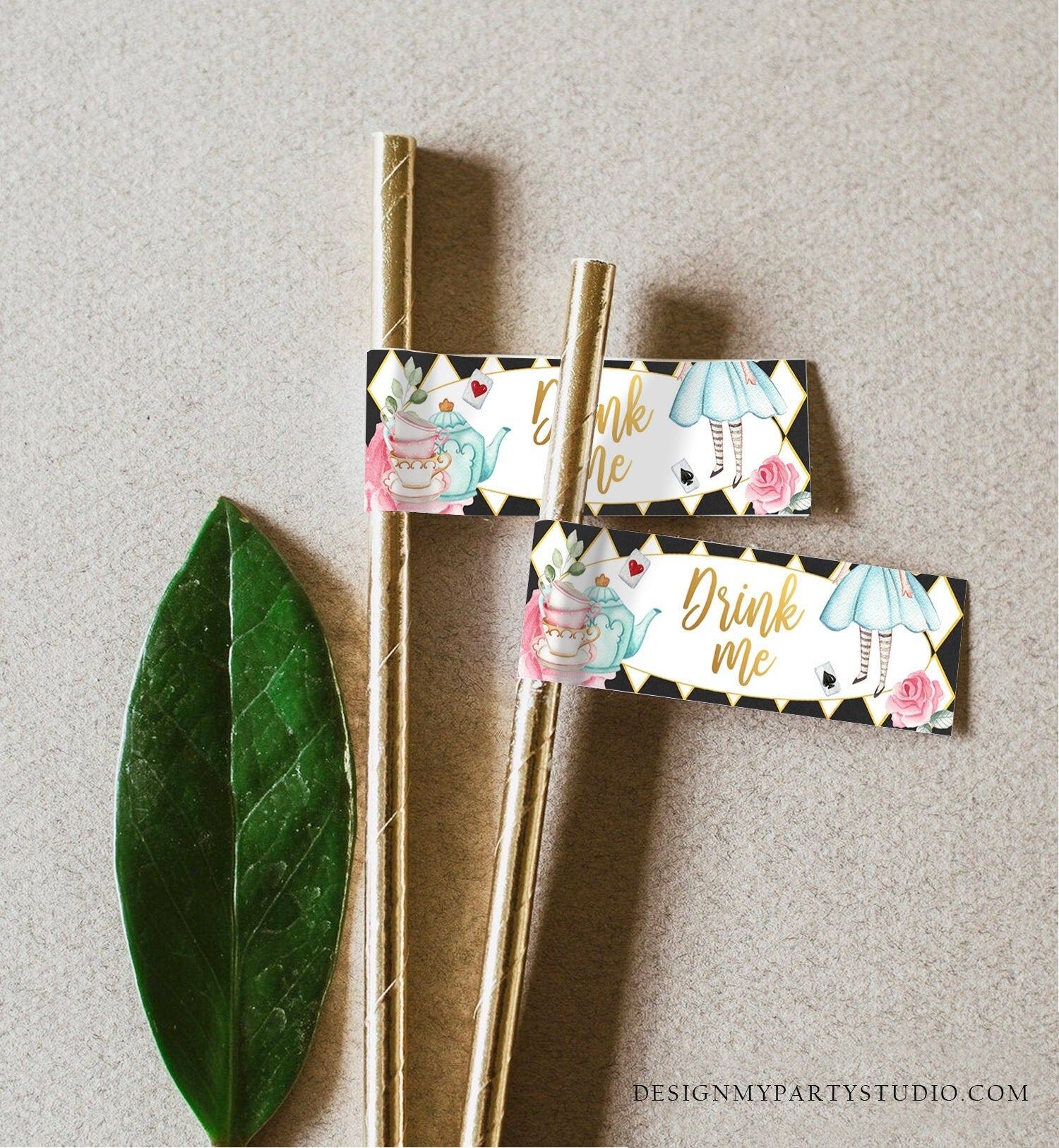 Editable Alice in Wonderland Straw Tag Drink Me Straw Flag Alice in Onederland Mad Tea Party Straw Label Black White Gold Girl Corjl 0350