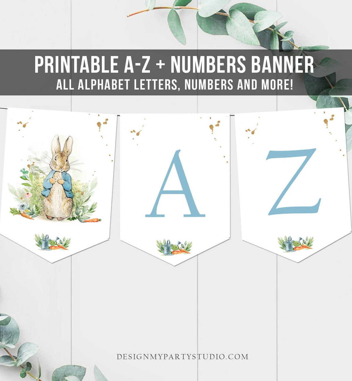 Peter Rabbit Alphabet Banner A-Z Peter Rabbit Baby Shower Numbers Banner Happy Birthday Banner Boy Blue Bunny Gold Decor Printable 0351