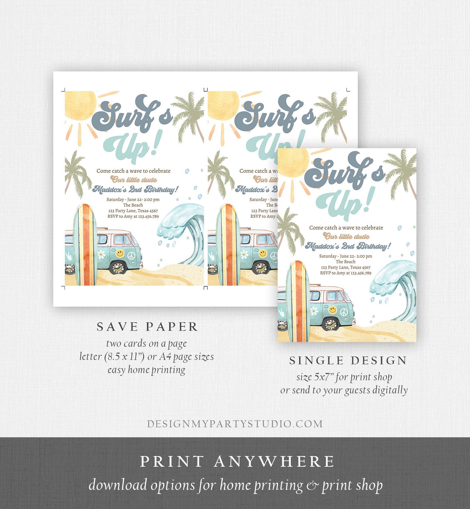 Editable Surf's Up Birthday Party Invitation Retro Surfboard Beach Party Wave Surfer The Big One Invite Download Template Corjl Digital 0433