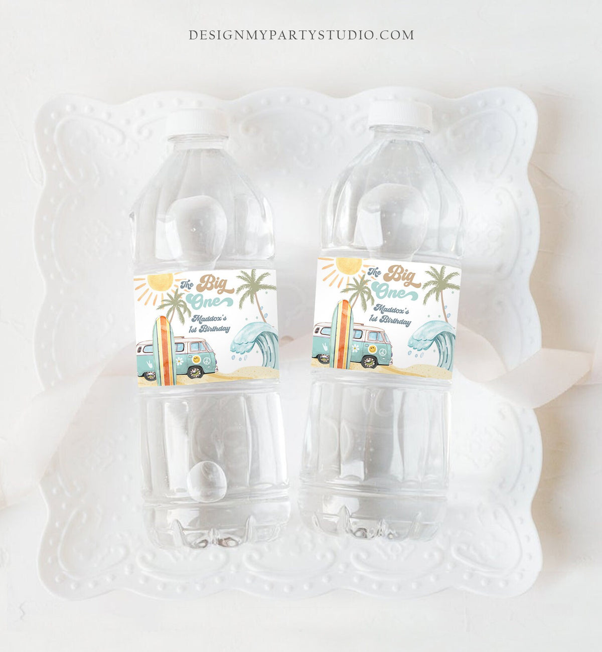 Editable Surf Water Bottle Labels The Big One Party Decor Surf 1st Birthday Retro Boy Surfboard Labels Instant Printable Template Corjl 0433