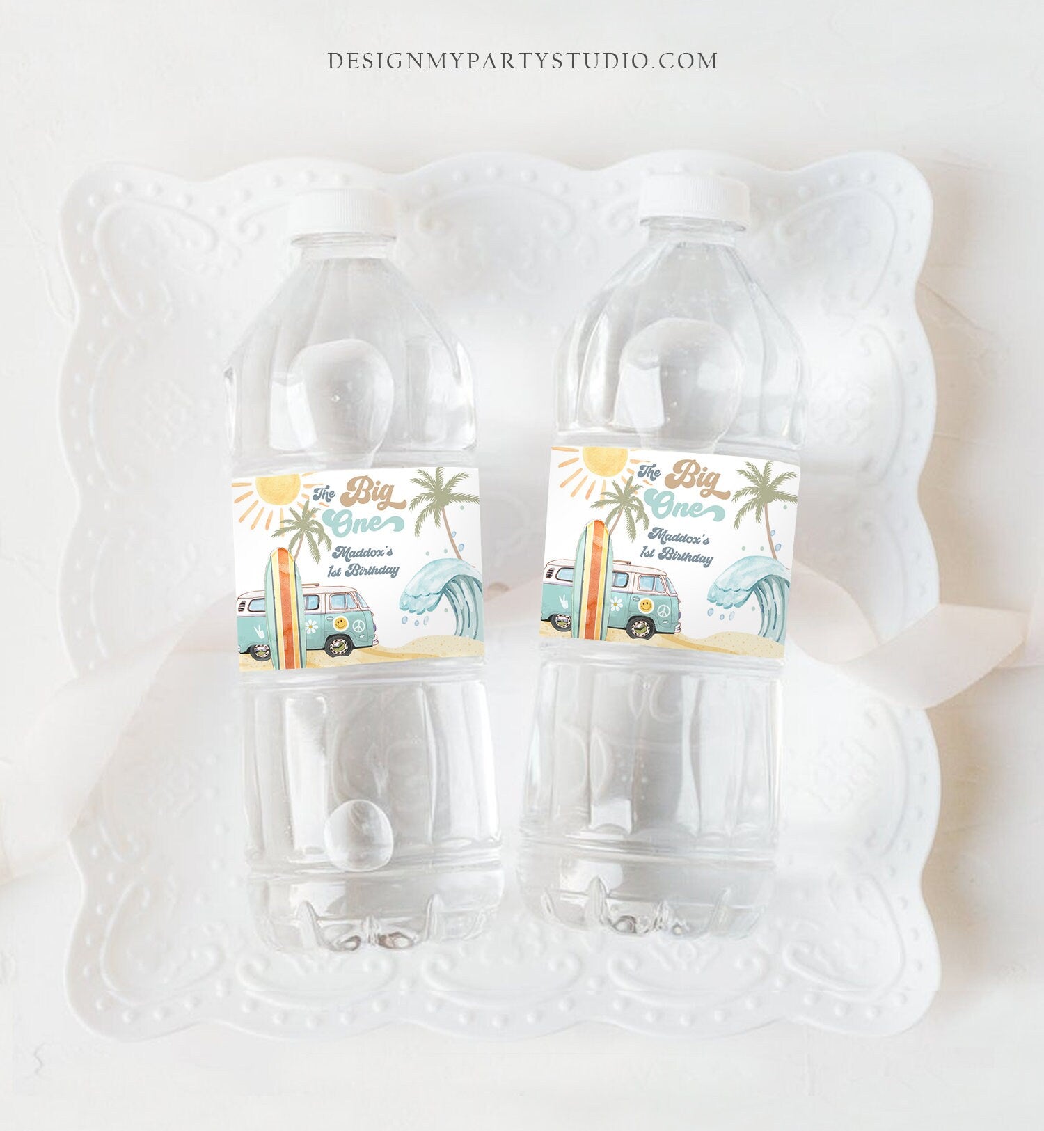 Editable Surf Water Bottle Labels The Big One Party Decor Surf 1st Birthday Retro Boy Surfboard Labels Instant Printable Template Corjl 0433