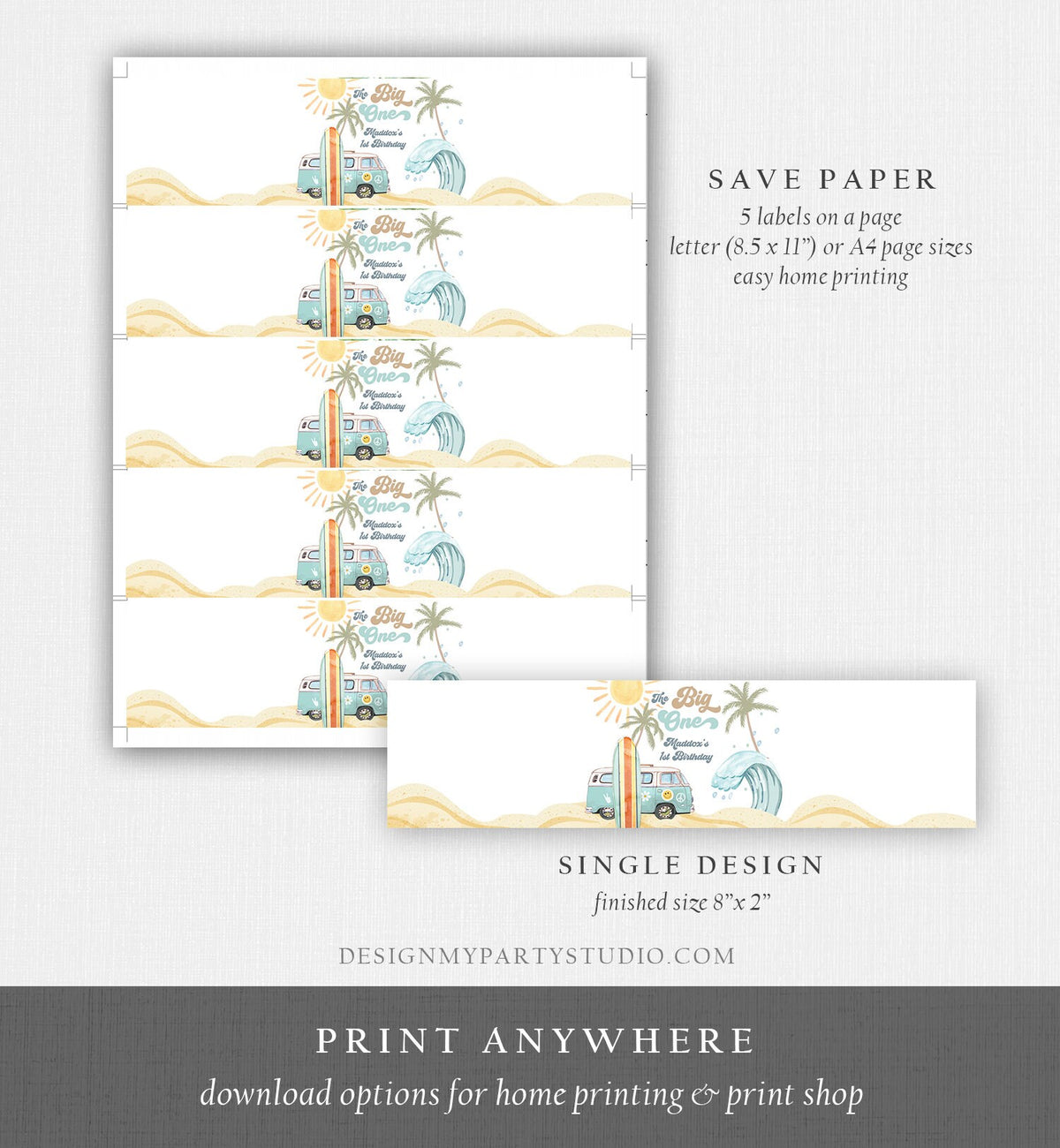Editable Surf Water Bottle Labels The Big One Party Decor Surf 1st Birthday Retro Boy Surfboard Labels Instant Printable Template Corjl 0433