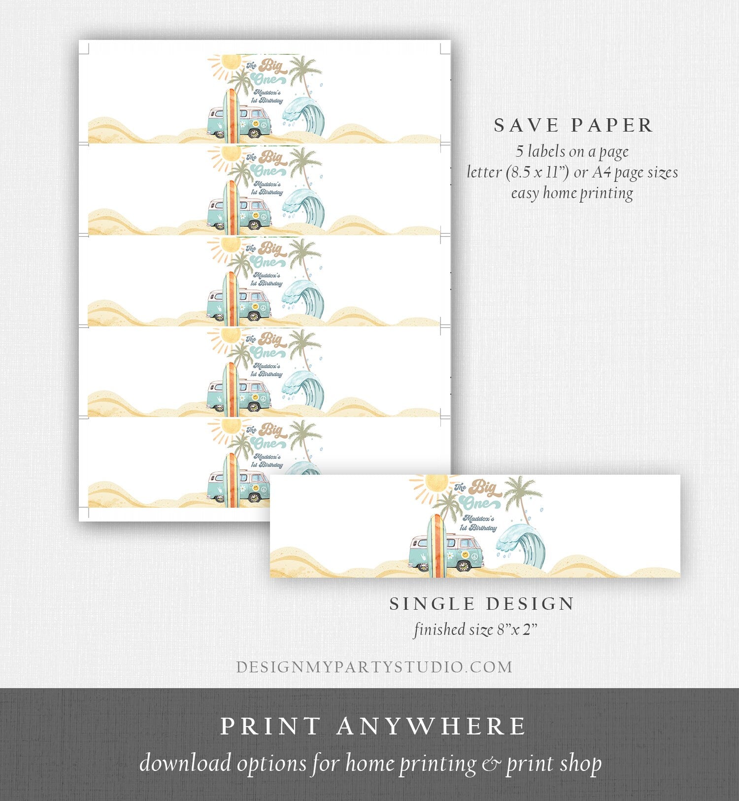 Editable Surf Water Bottle Labels The Big One Party Decor Surf 1st Birthday Retro Boy Surfboard Labels Instant Printable Template Corjl 0433